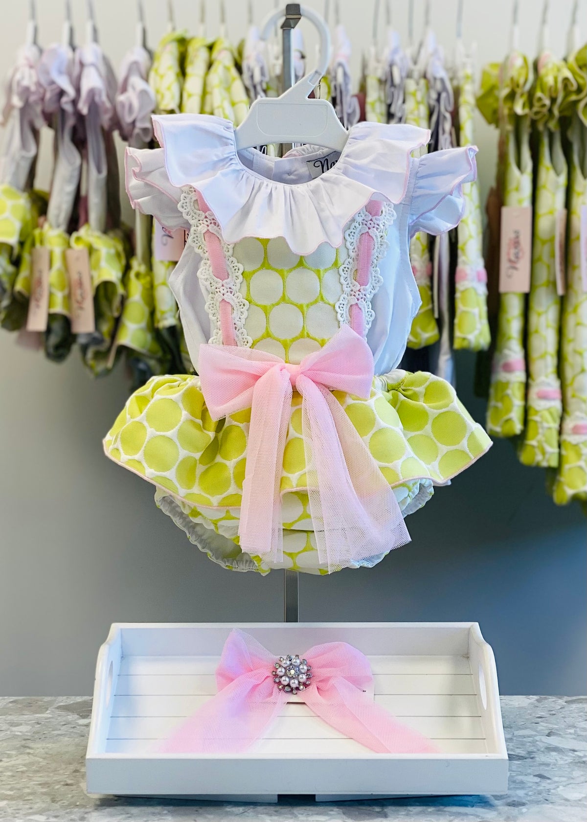 Naxos Lunares Girls Lime & Pink Polka Dot Romper Set - 7707