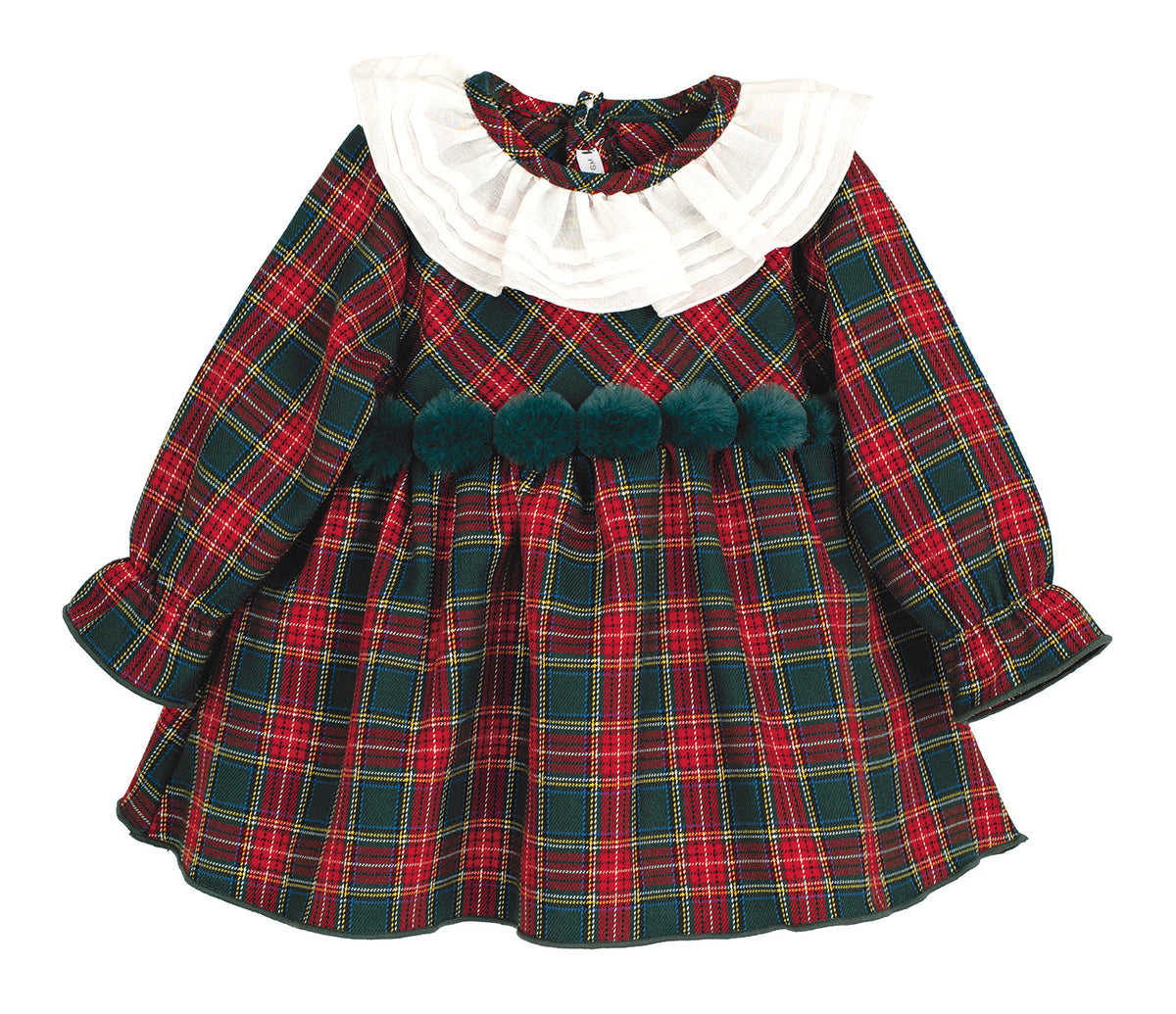 Calamaro Galerna green and red tartan dress with white cotton collar and pom-pom trim
