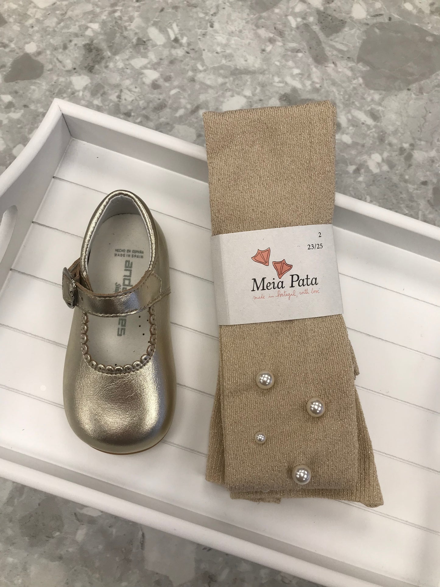 Meia Pata pearl gold lurex girls tights with pearl studs at the ankle