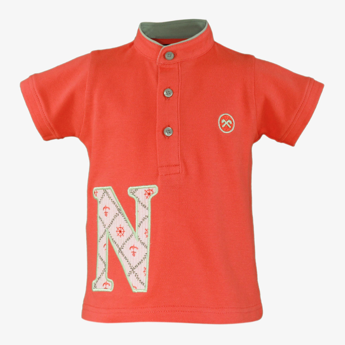Miranda Nel Blu Coral Boys T-Shirt with grandad collar, appliqué N detail and embroidered Miranda logo.