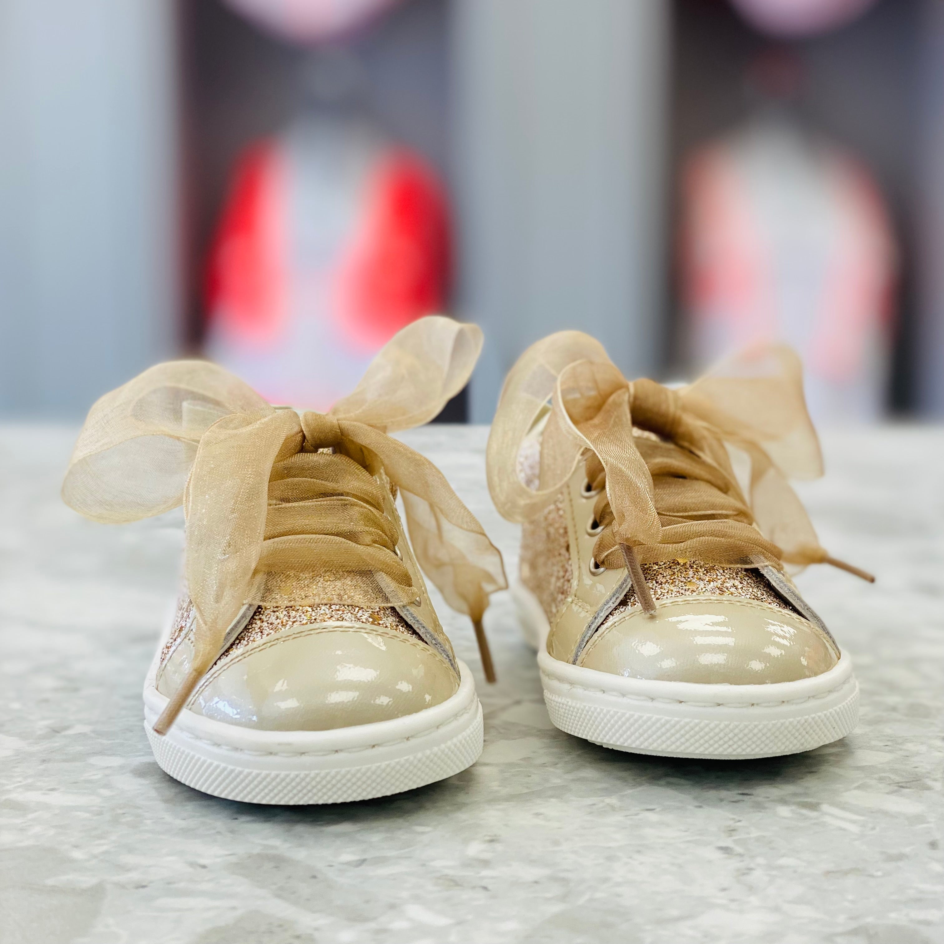 ANDANINES Beige Pearl Girls Leather Glitter Trainers