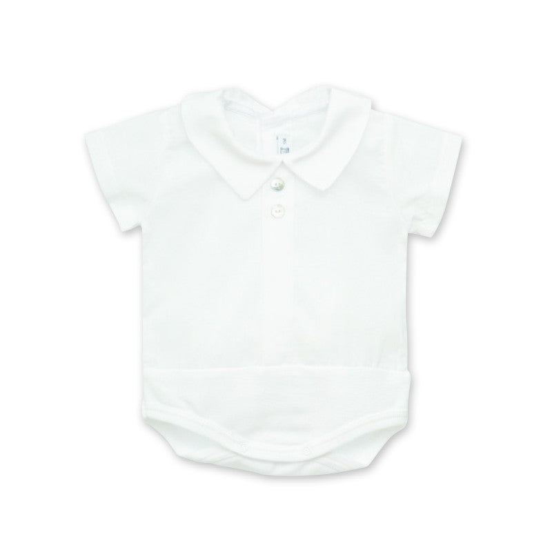 CALAMARO White Baby Boys Short Sleeve Bodysuit with Collar - 19067