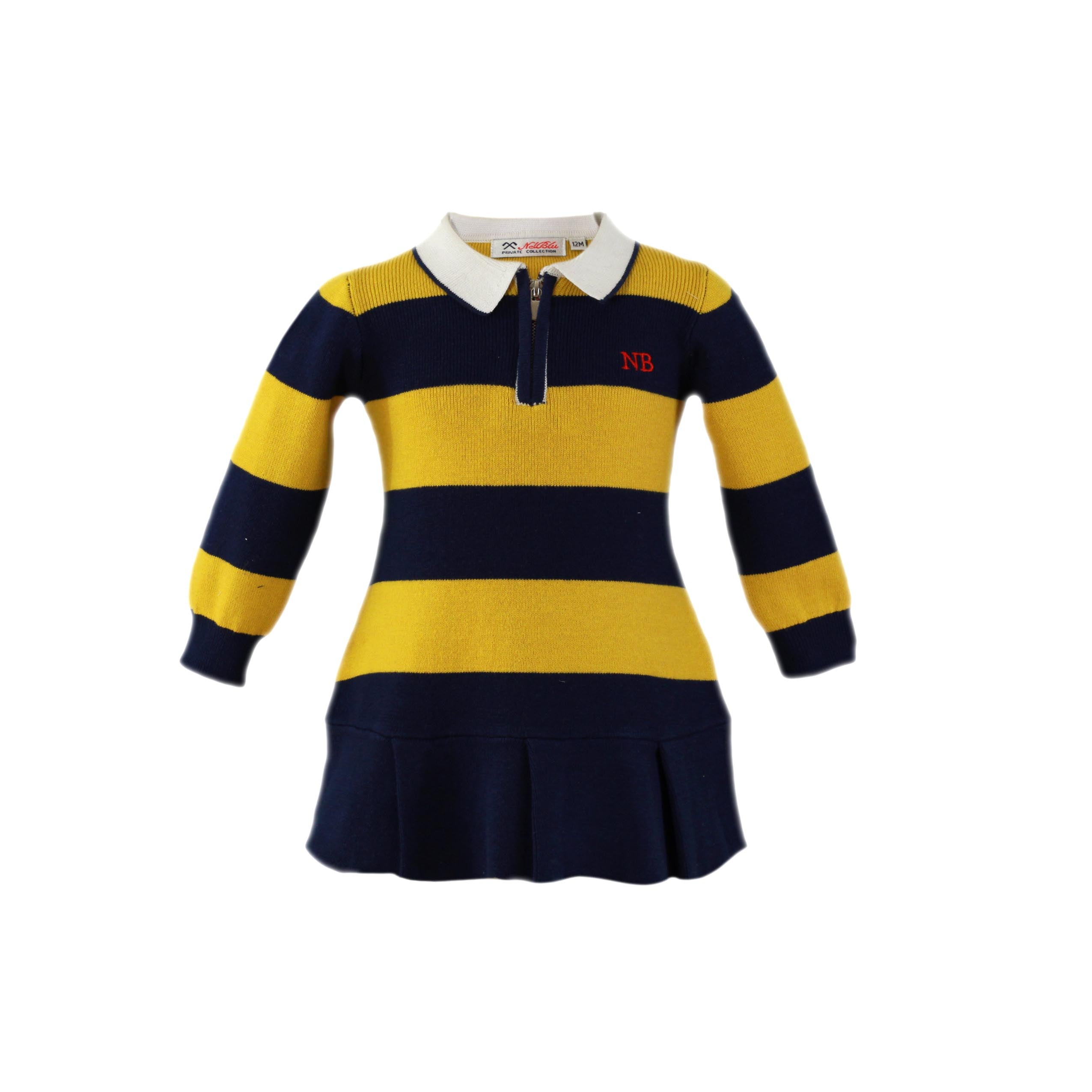 MIRANDA NEL BLU Navy & Mustard Stripe Baby Girls Knitted Polo Dress - CLEARANCE SALE
