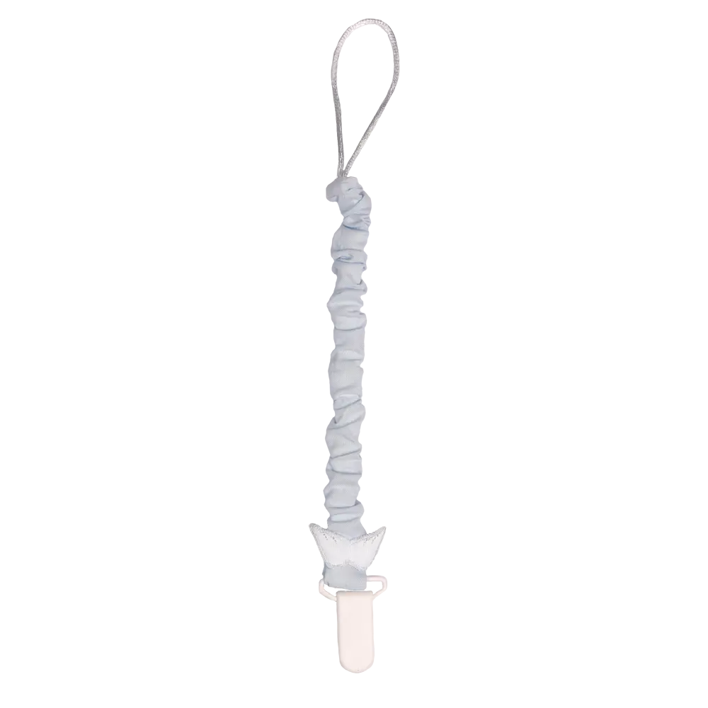 Baby Gi blue Pima cotton baby dummy clip with signature angel wings detail, made in Portugal.