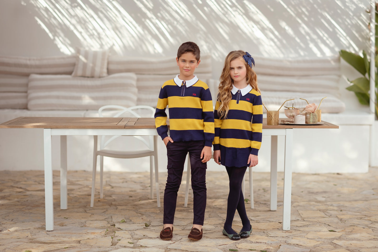 MIRANDA NEL BLUE Navy & Mustard Stripe Boys Knitted Polo Top - 1309