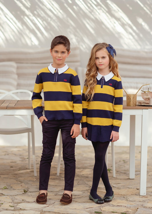 MIRANDA NEL BLUE Navy & Mustard Stripe Boys Knitted Polo Top - 1309