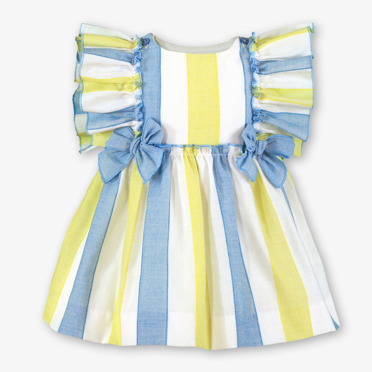 Front of Miranda Blue & Yellow Stripe Girls Dress with frill sleeves, blue bow waist details and blue, yellow and white striped fabric.