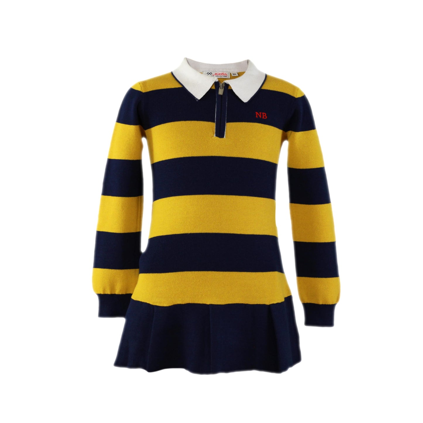 MIRANDA NEL BLU Navy & Mustard Stripe Girls Knitted Polo Dress - 1409