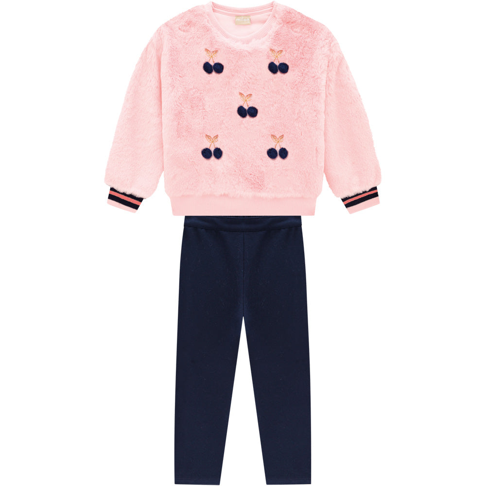 MILON Girls Cherry Navy & Pink Faux Fur Leggings Set - 14596