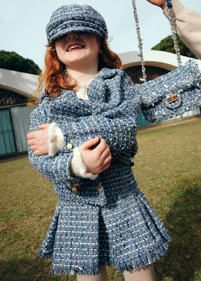 AW25 ABEL & LULA Sky Blue Girls Tweed Skirt Set with Jacket - 5841
