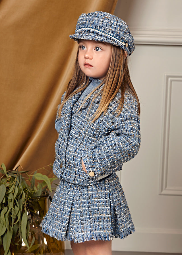 AW25 ABEL & LULA Sky Blue Girls Tweed Skirt Set with Jacket - 5841