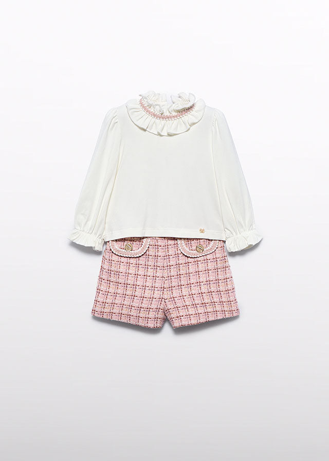 AW25 ABEL & LULA Petal Girls Pink Tweed Short Set with Jumper - 5710