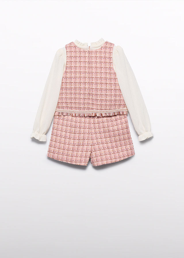 Abel & Lula petal pink tweed short set with ruffle-neck blouse detail