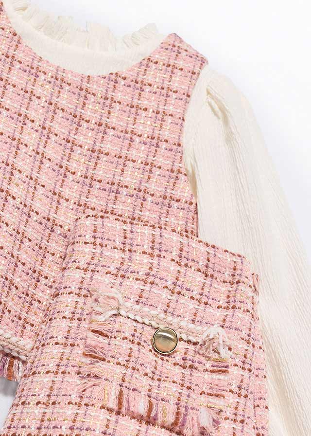 Abel & Lula girls pink tweed outfit - metallic weave and fringe detail