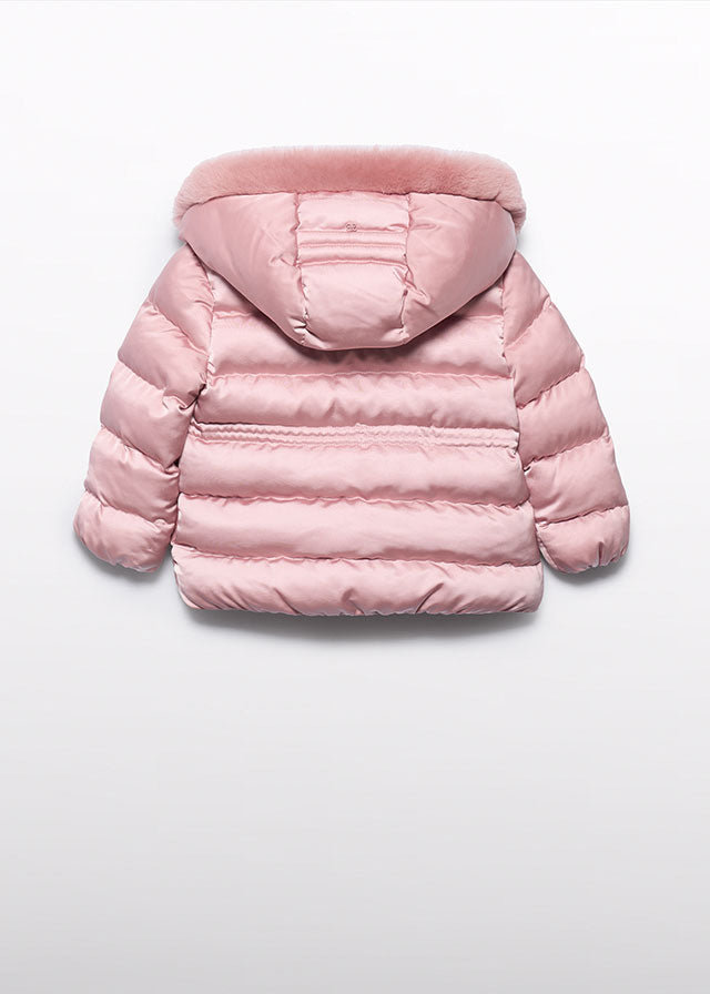 Abel & Lula pink satin girls coat with matching faux-fur details