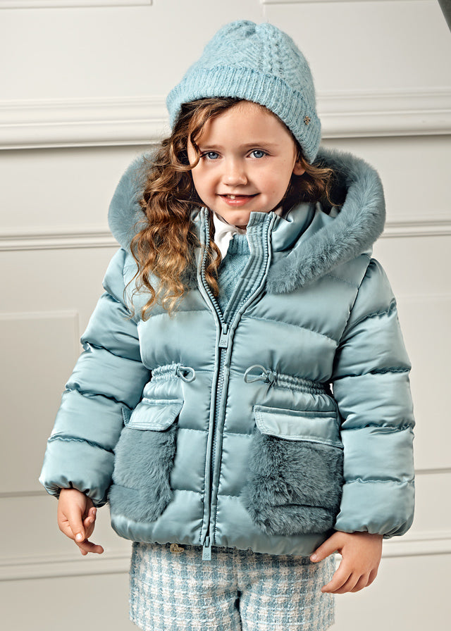 Abel & Lula aqua green satin padded coat for girls - front product view