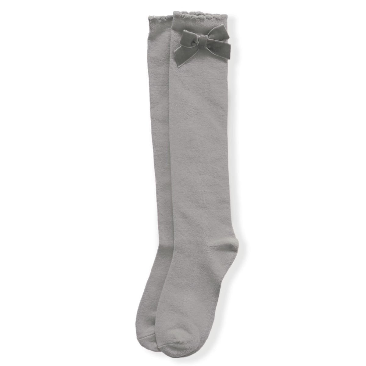 Miranda girls grey knee-high socks with coordinating velvet bow, shown as a pair on white background