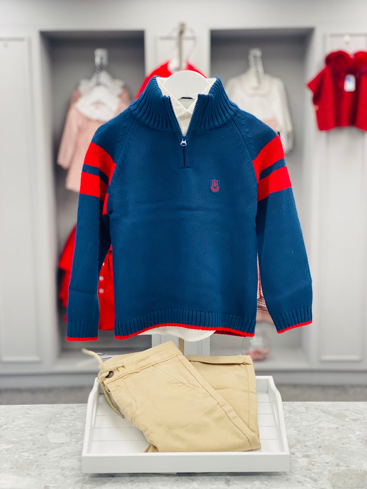TUTTO PICCOLO Boys Navy & Beige Trouser Set with Jumper - full outfit