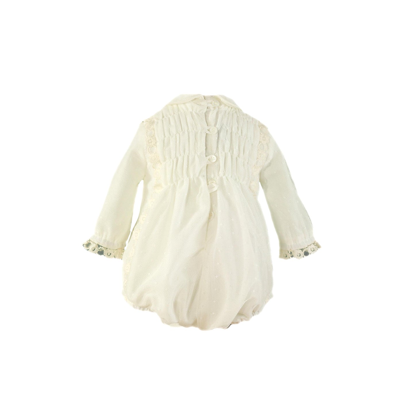 Miranda Ceremonia cream unisex christening romper with tulle overlay, ruched bodice and Peter Pan collar Back view