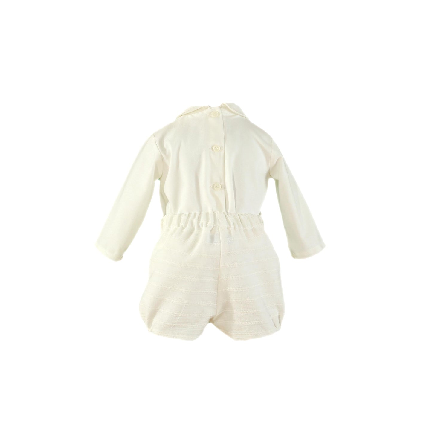 Miranda Ceremonia cream boys short set with long sleeve shirt, Peter Pan collar and tailored shorts Rear view