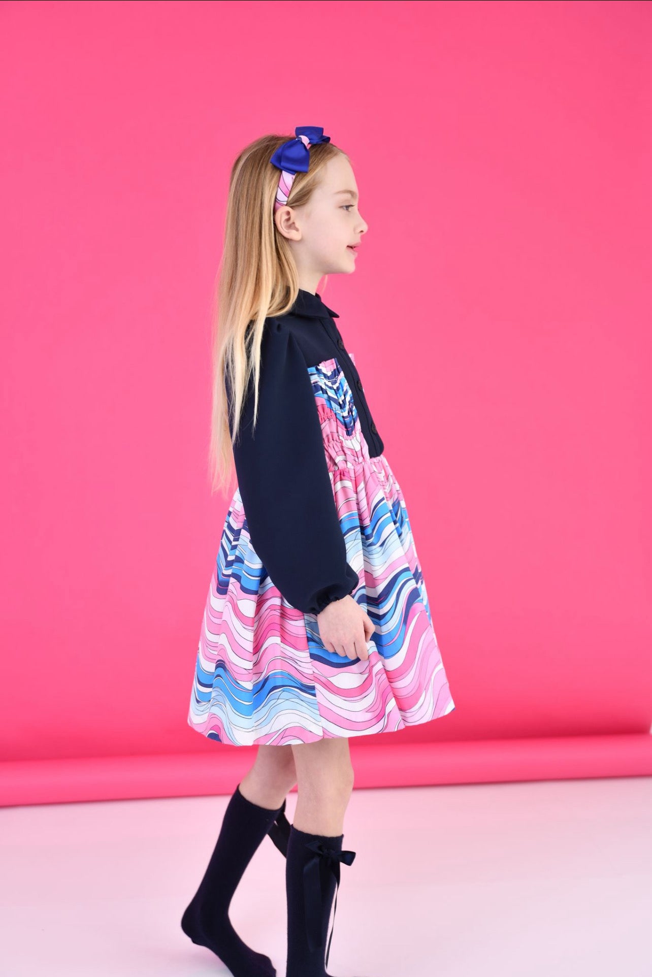 ROCHY AW24 Mar Girls Navy & Pink Waves Dress - CLEARANCE SALE
