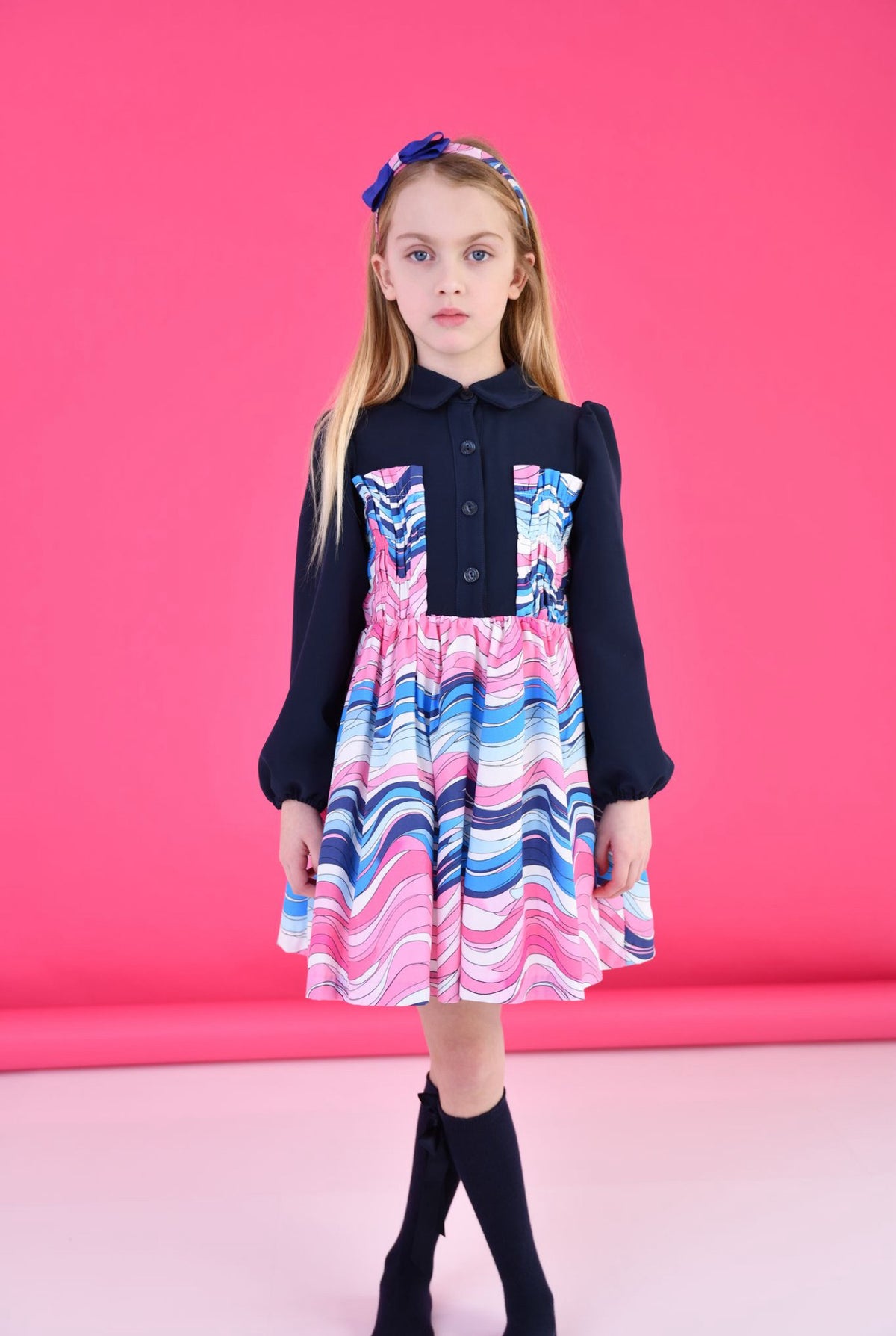ROCHY Mar Girls Navy & Pink Waves Dress