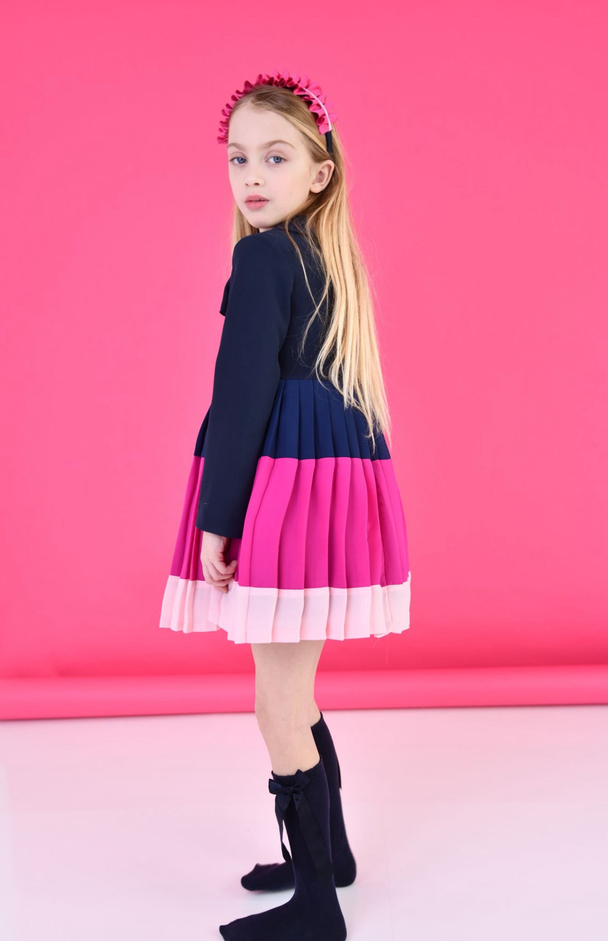 ROCHY AW24 Mar Girls Navy & Pink Pleated Dress - CLEARANCE SALE
