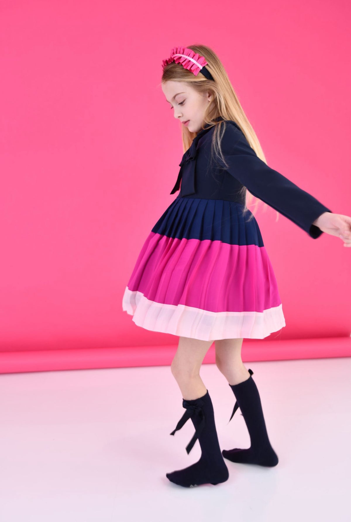 Rochy Mar Girls Navy & Pink Pleated Dress