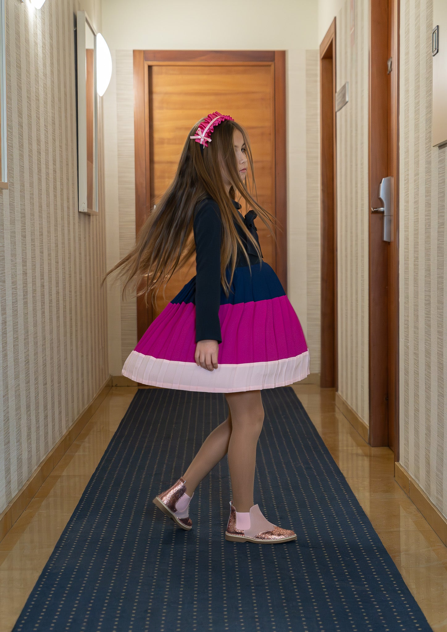 ROCHY AW24 Mar Girls Navy & Pink Pleated Dress - CLEARANCE SALE