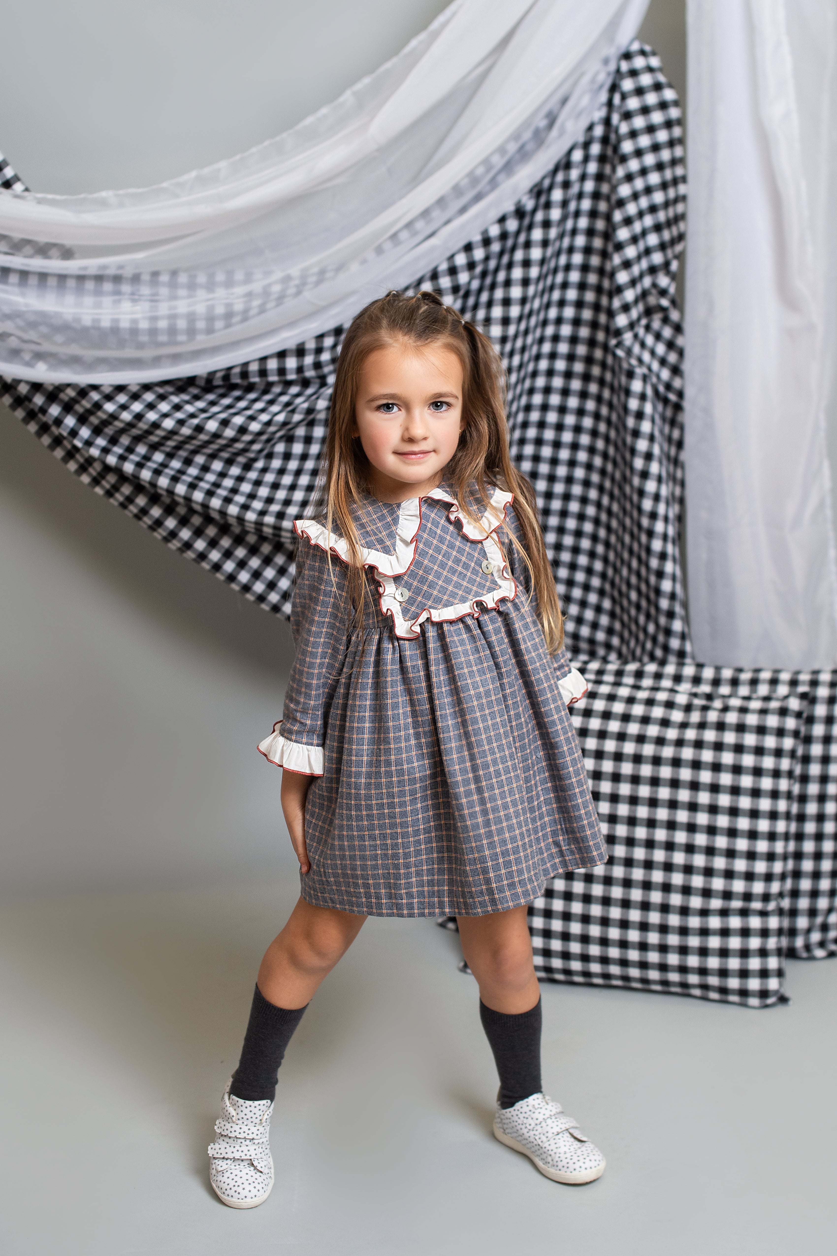 AW24 FOQUE Arcilla Grey Check Girls Dress - 5222