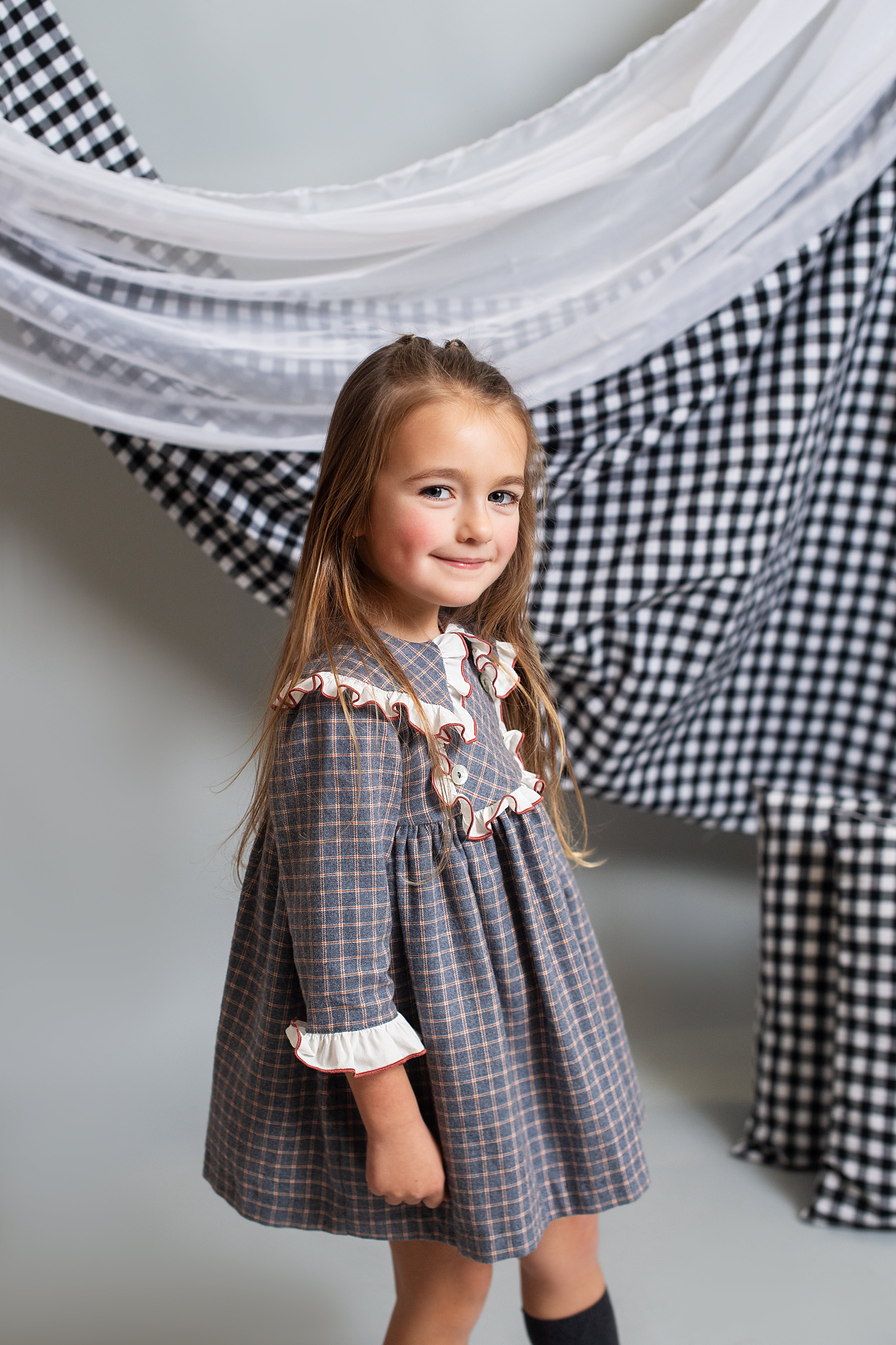 AW24 FOQUE Arcilla Grey Check Girls Dress - 5222