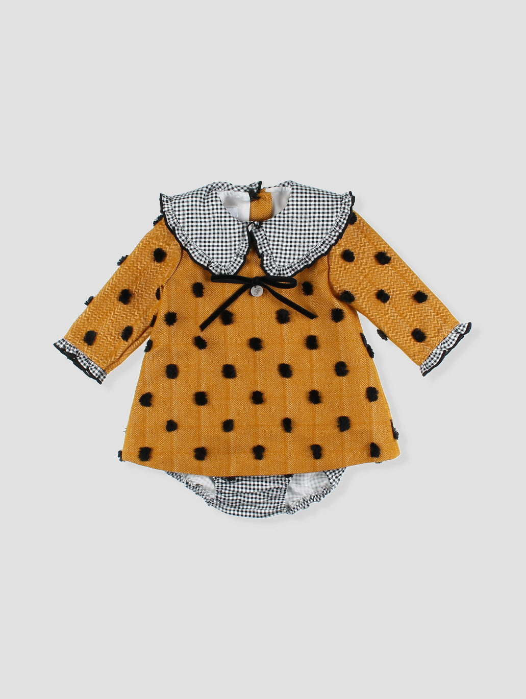 AW24 FOQUE Plumeti Mustard & Black Girls Dress & Knickers - CLEARANCE SALE