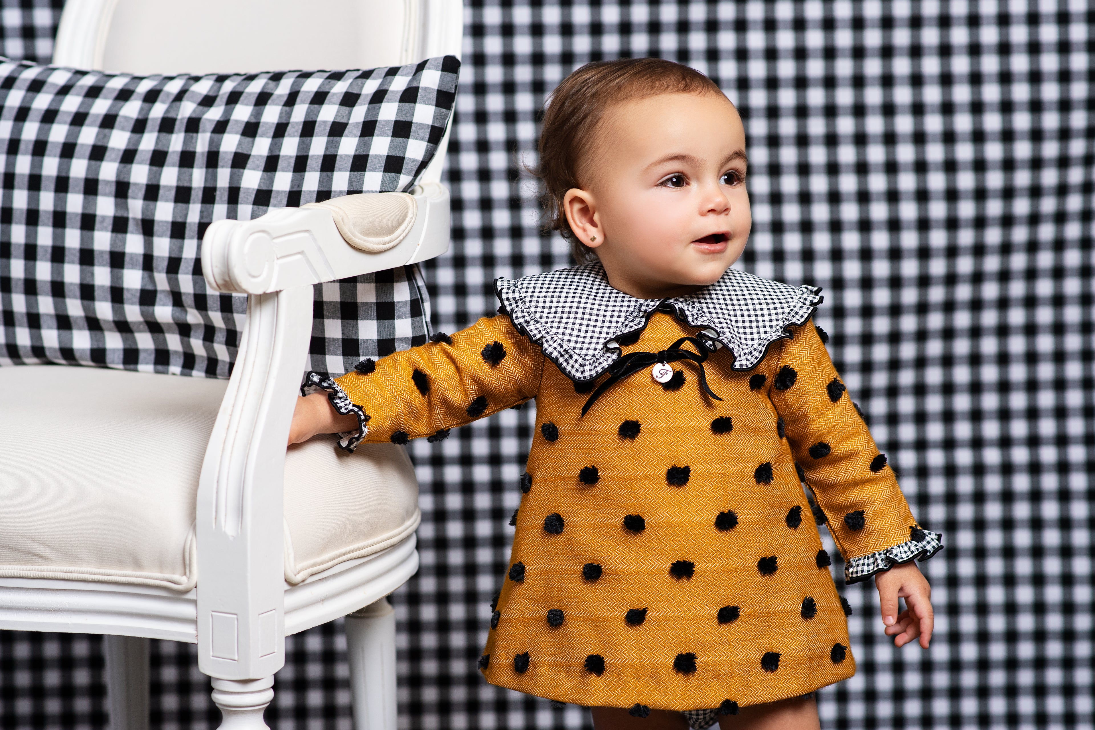 AW24 FOQUE Plumeti Mustard & Black Girls Dress & Knickers - CLEARANCE SALE