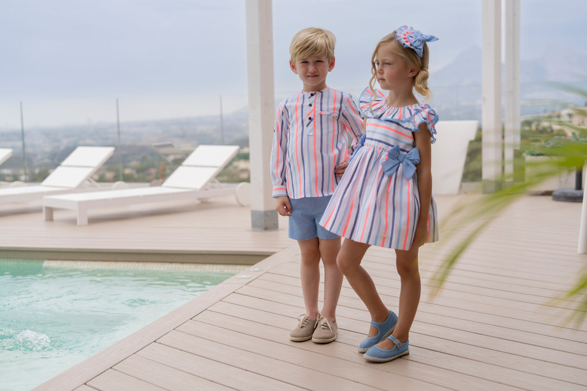 Miranda Neon and Blue Stripe boys shorts set styled outfit view