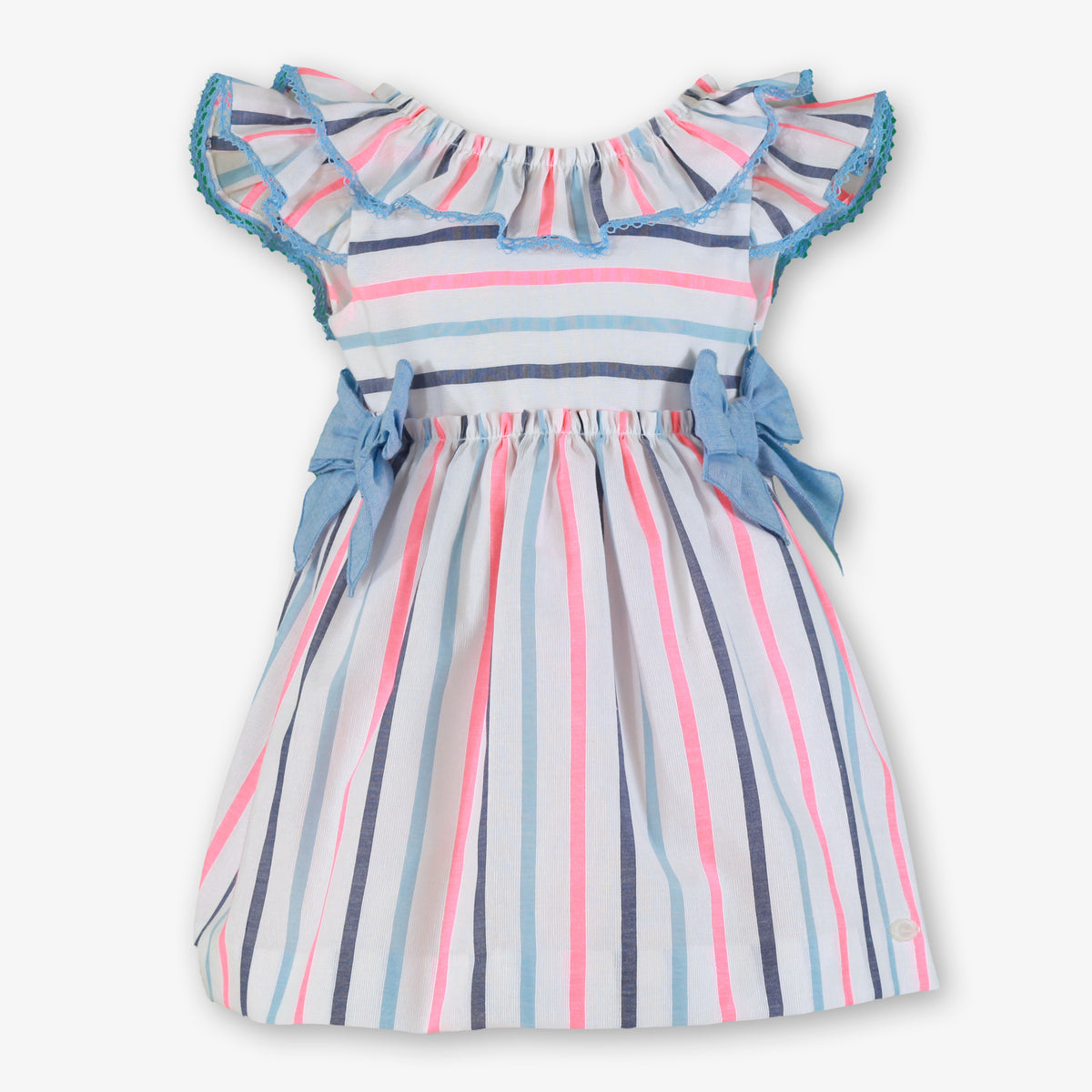 Miranda Neon and Blue Stripe girls dress front view
