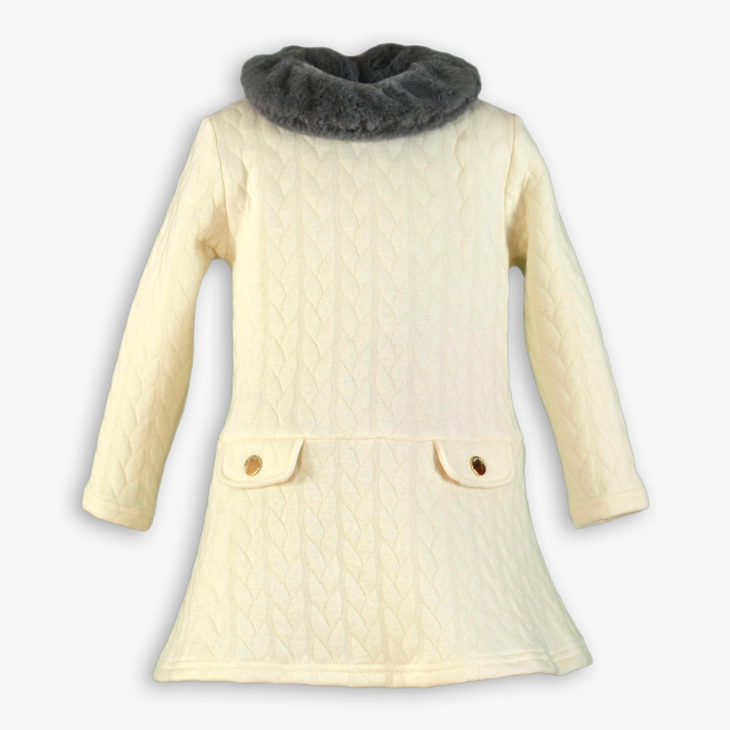 AW25 MIRANDA Girls Cream A-Line Cable Knit Dress with Faux Fur Collar - 247V