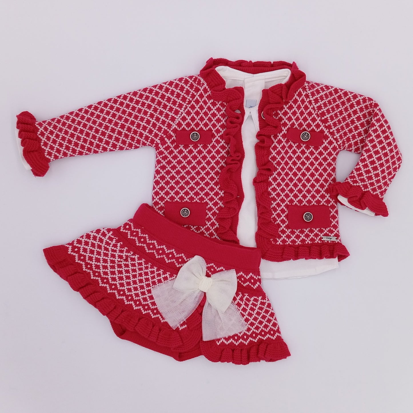 AW25 RAHIGO Red & Cream Girls Skirt Set with Cardigan - 252100