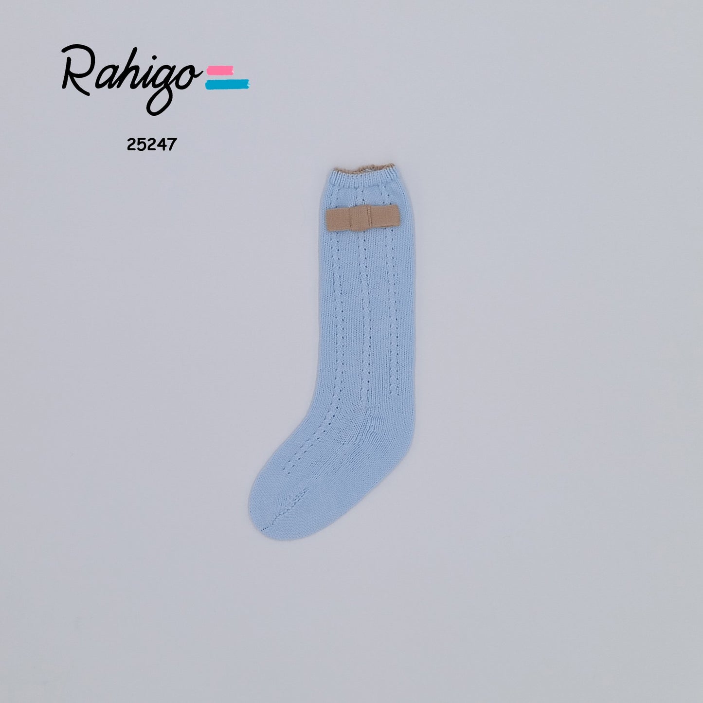 AW25 RAHIGO Blue & Camel Girls Bow Socks - 25247
