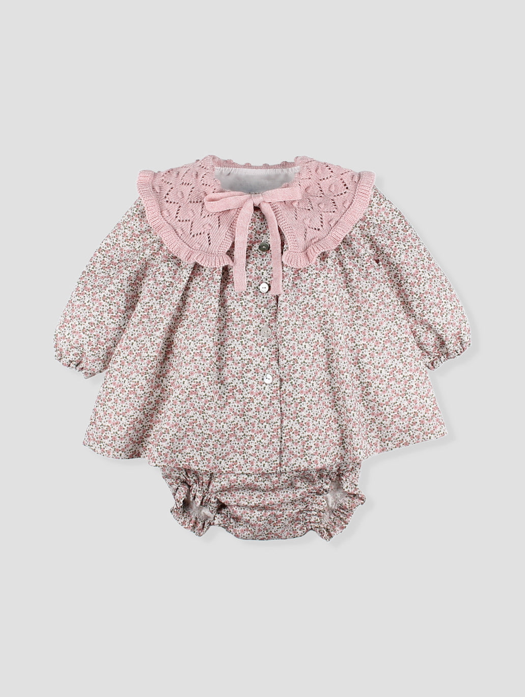 AW25 FOQUE Ladera Girls Pink Floral Dress & Knickers with Knitted Shawl Collar