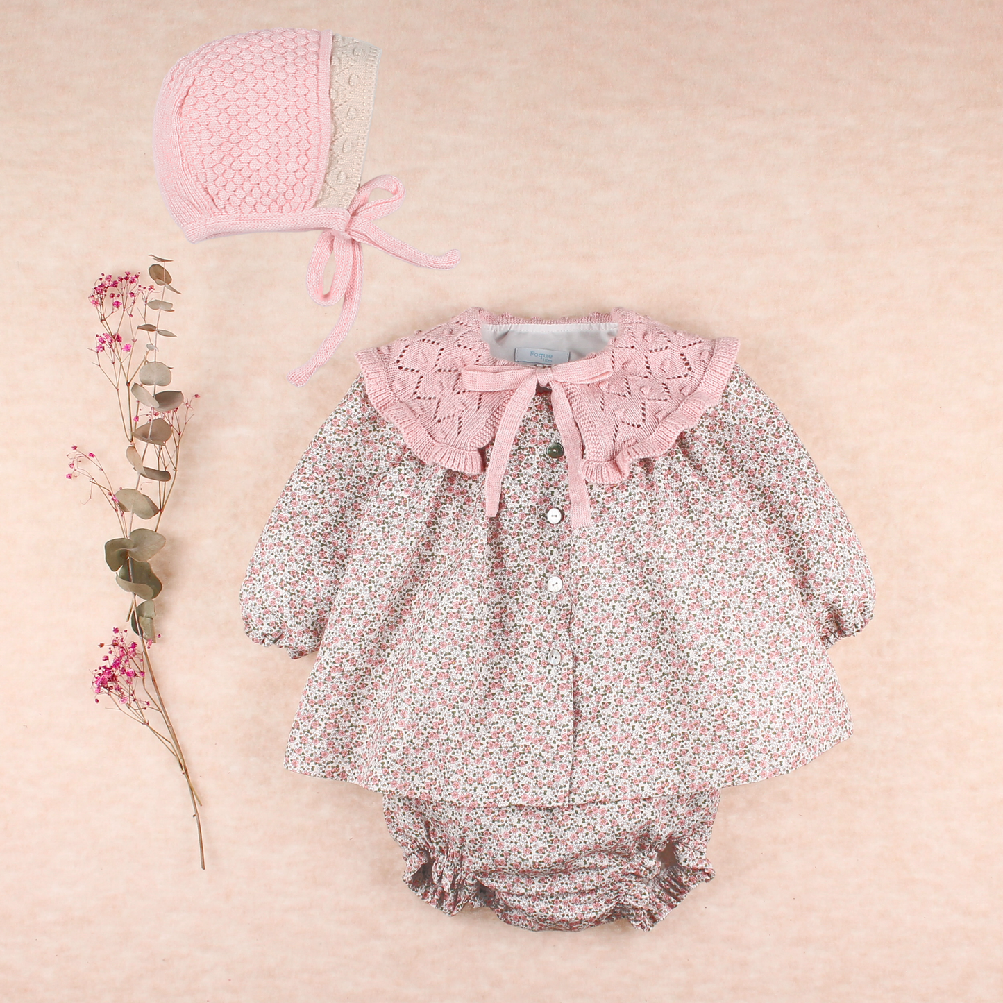 AW25 FOQUE Ladera Girls Pink Floral Dress & Knickers with Knitted Shawl Collar