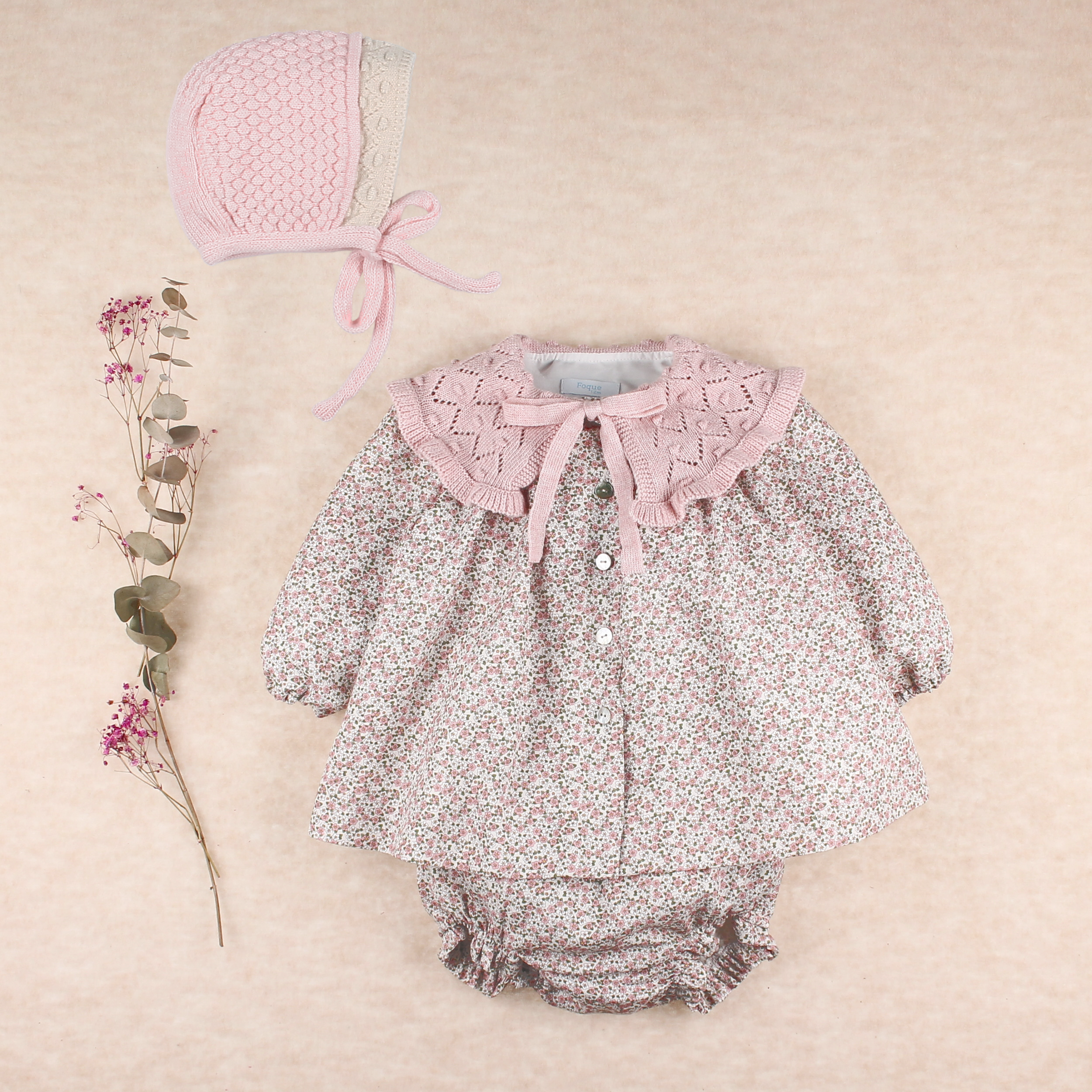 AW25 FOQUE Ladera Girls Pink Floral Dress & Knickers with Knitted Shawl Collar
