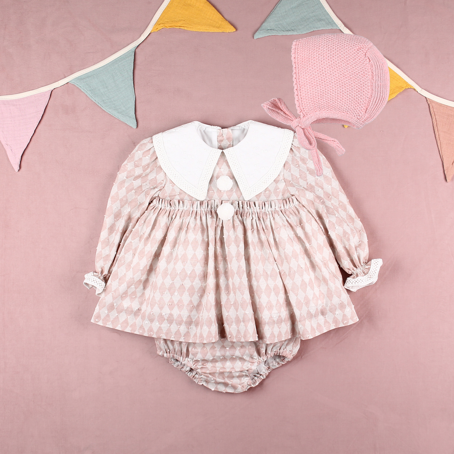 AW25 FOQUE Circo Girls Pink Harlequin Dress & Knickers
