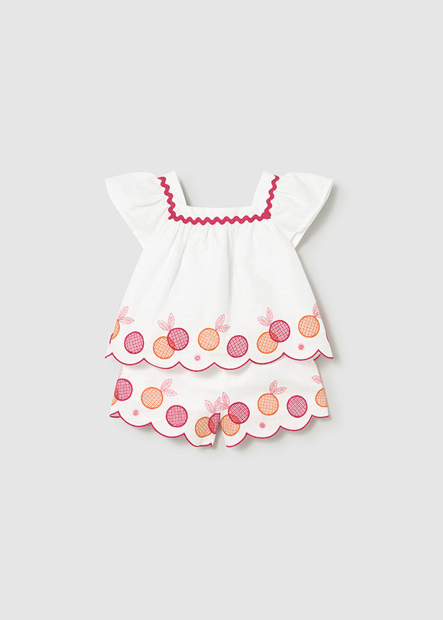 Mayoral Girls Clover Embroidered Short Set 1214 - white two-piece with pink and orange embroidery