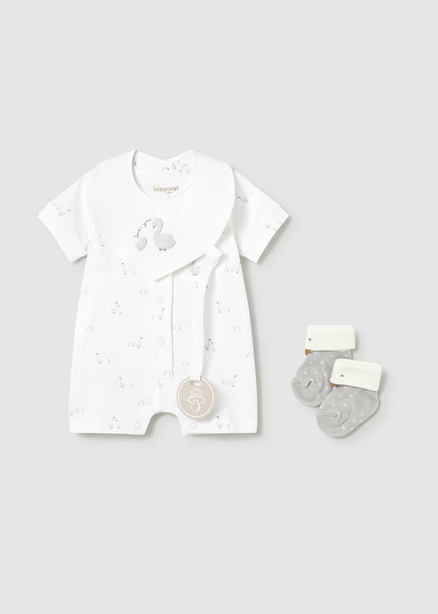 Mayoral unisex Little Ducks white romper set 1727 - romper, bib and socks