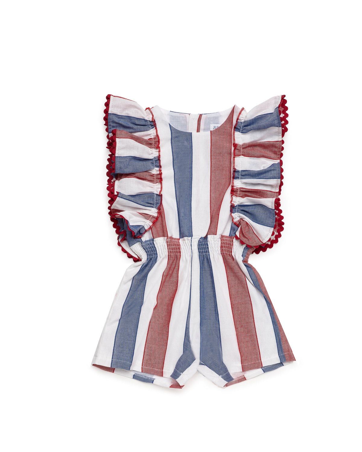 Juliana Sandia girls red blue and white striped ruffle playsuit front flat lay