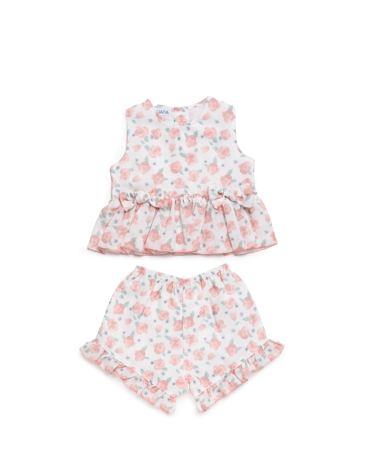 Juliana Arandano girls peach rose floral peplum top and ruffle shorts flat lay
