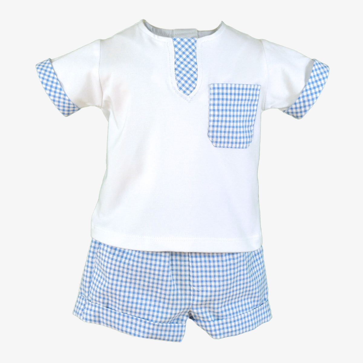 Miranda Blue Check boys short set in blue and white gingham front view