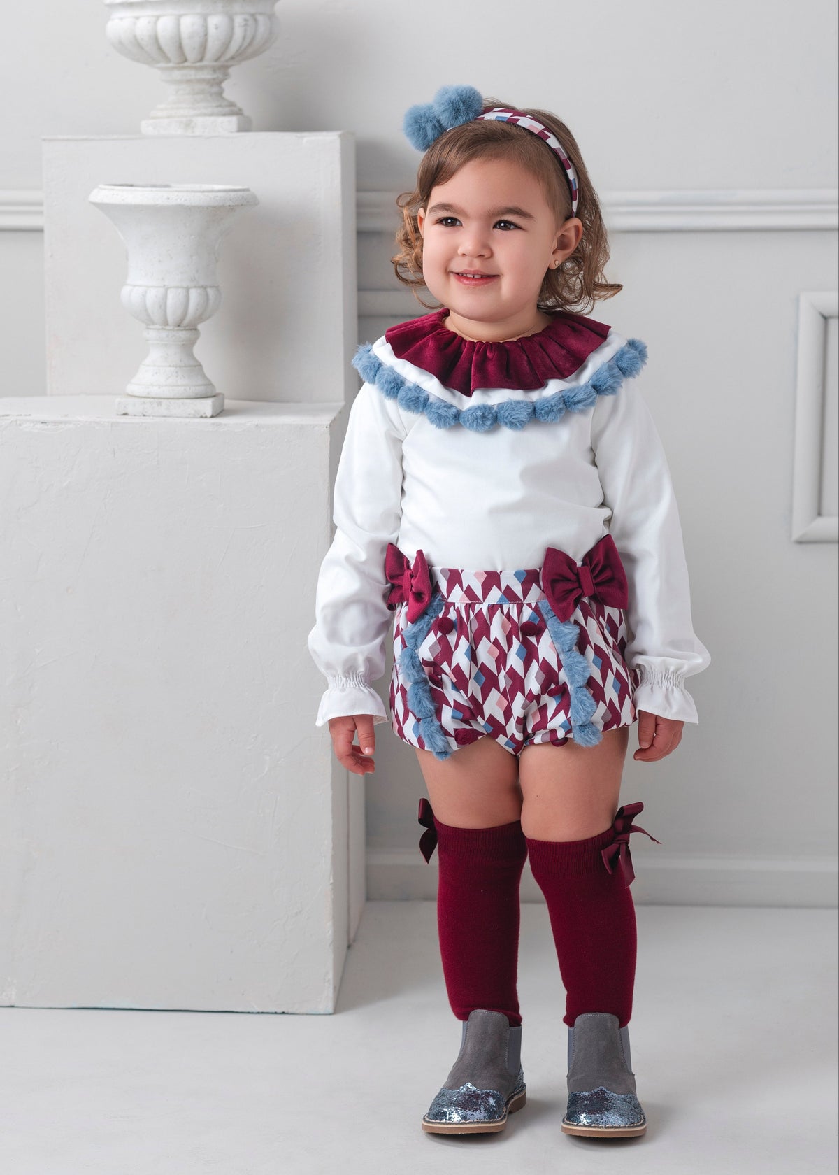 Rochy Rombo girls burgundy jam pant set 26760 with white ruffle blouse, diamond print shorts and blue trim