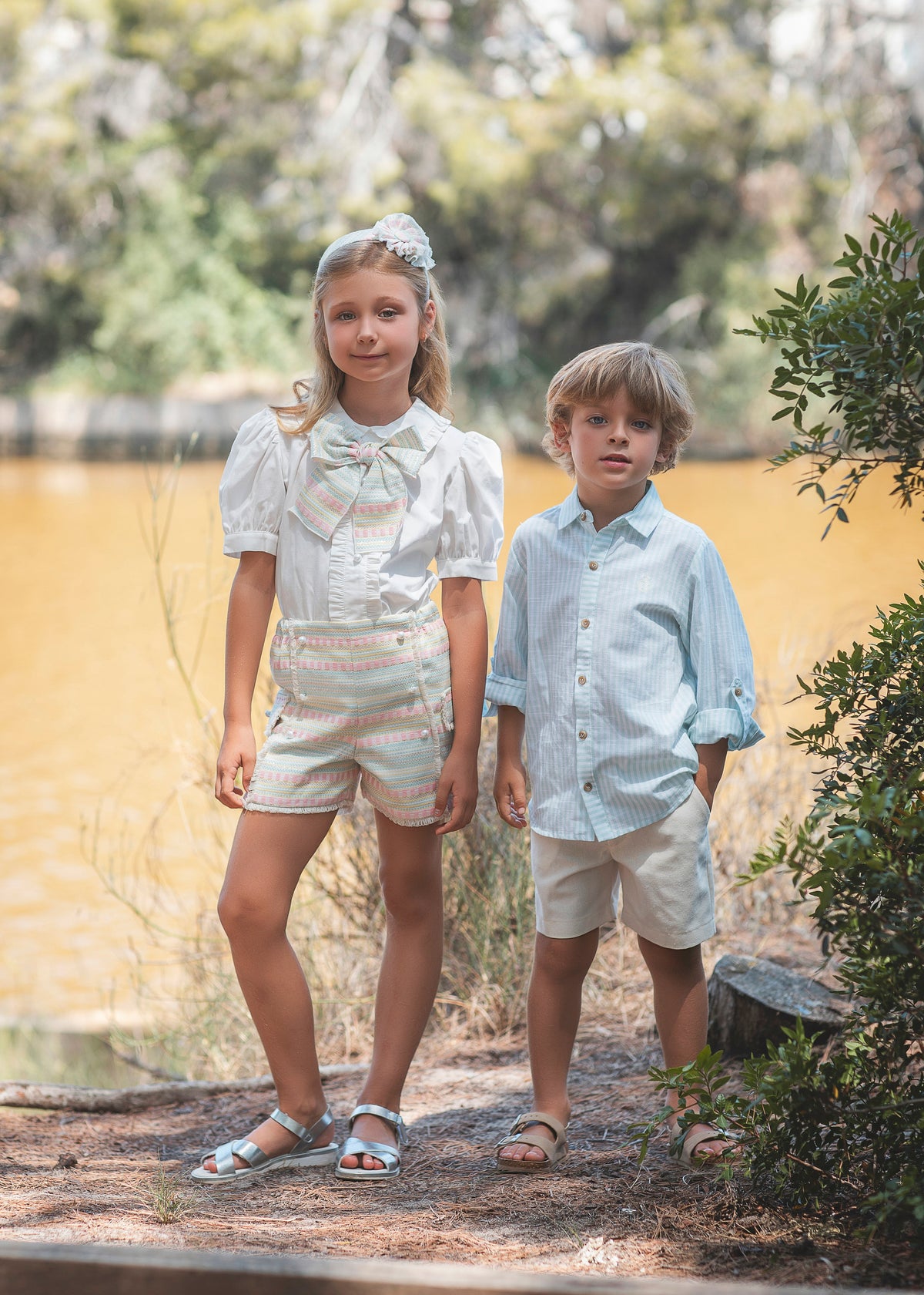 Rochy Jacquard girls multicolour pastel tweed short set with white blouse and statement bow & matching boys set