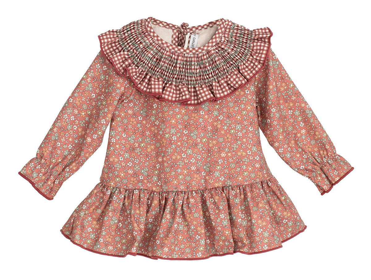 Calamaro Siroco terracotta floral dress with smocked gingham collar, product view